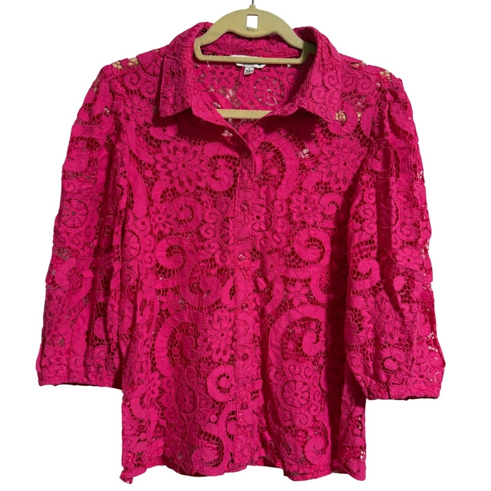 Nanette Lepore Womens Hot Pink Floral Lace Button Down Shirt Size L